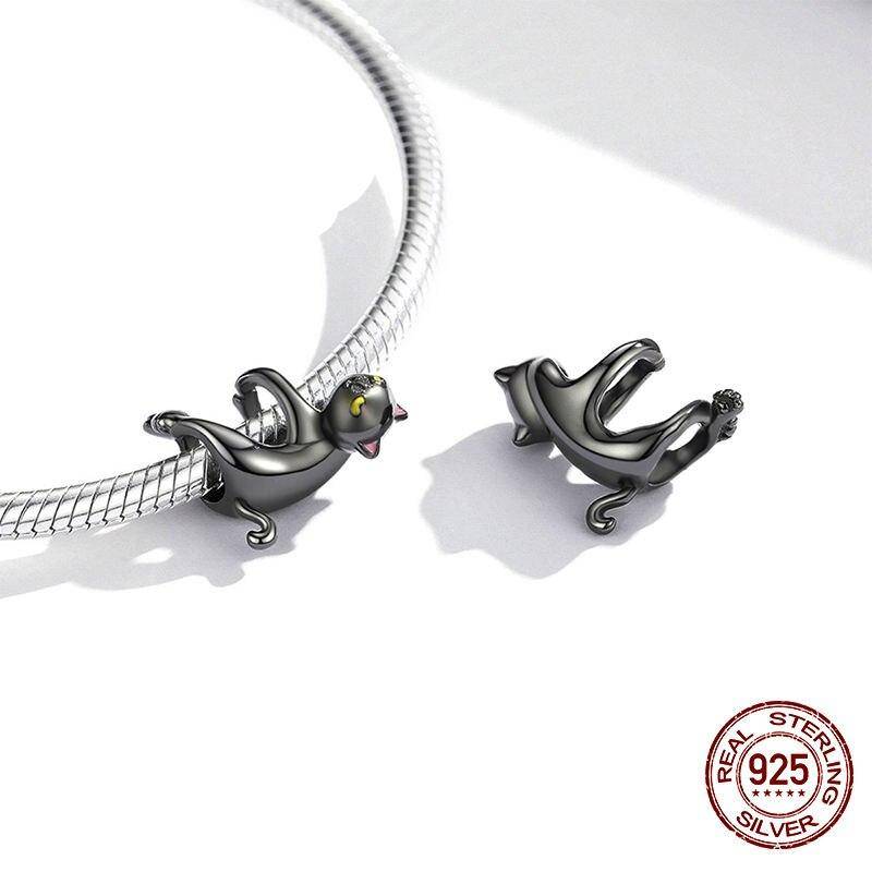 925 Sterling Silver Cute Black Cat Suspend Animals Charm Beads Fit Original Bracelet DIY Jewelry CTC520