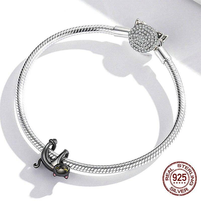 925 Sterling Silver Cute Black Cat Suspend Animals Charm Beads Fit Original Bracelet DIY Jewelry CTC520