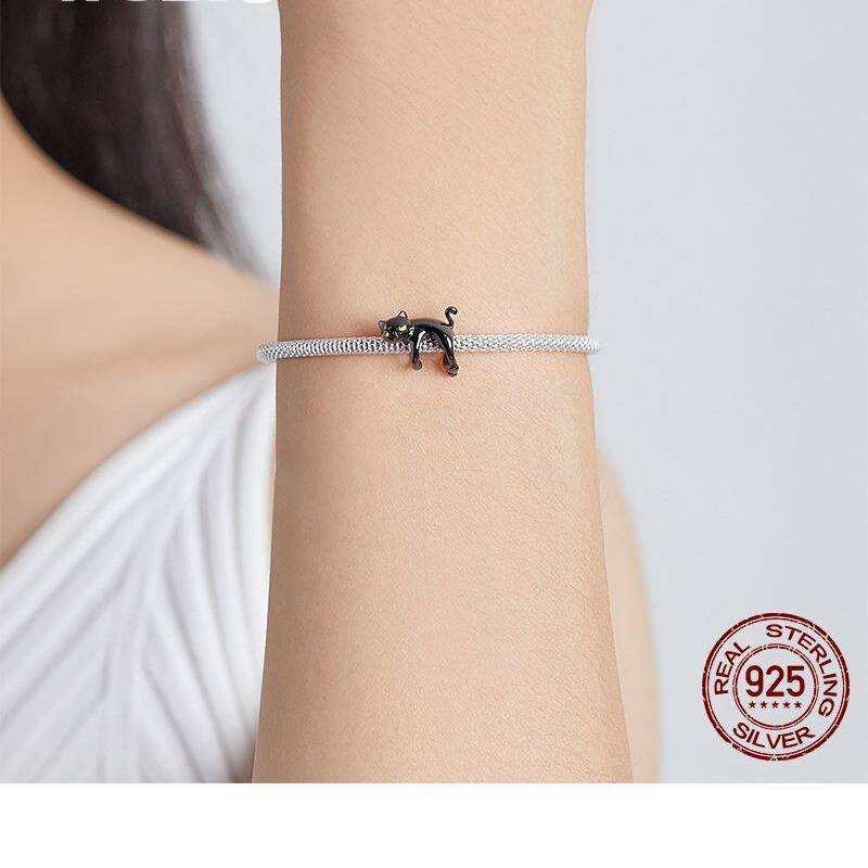 925 Sterling Silver Cute Black Cat Suspend Animals Charm Beads Fit Original Bracelet DIY Jewelry CTC520