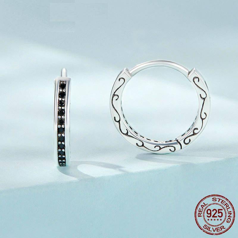 925 Sterling Silver Classical Round Black Cz Hoop Earrings For Women Wedding Dangle Drop Earring Clips Party Jewelry Gift